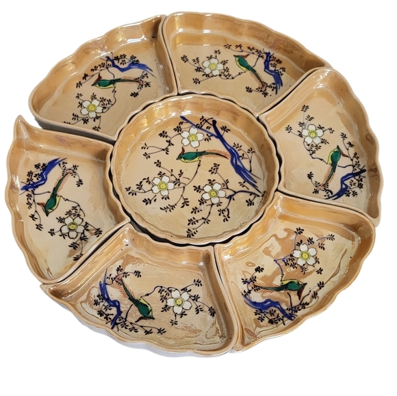 Japanese Condiment Sectional Green Birds Dish - Picture 1 of 2